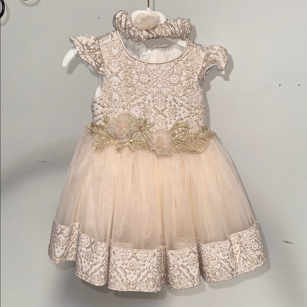 Elegant Cream Floral Kids Formal Dress and Matching Headband